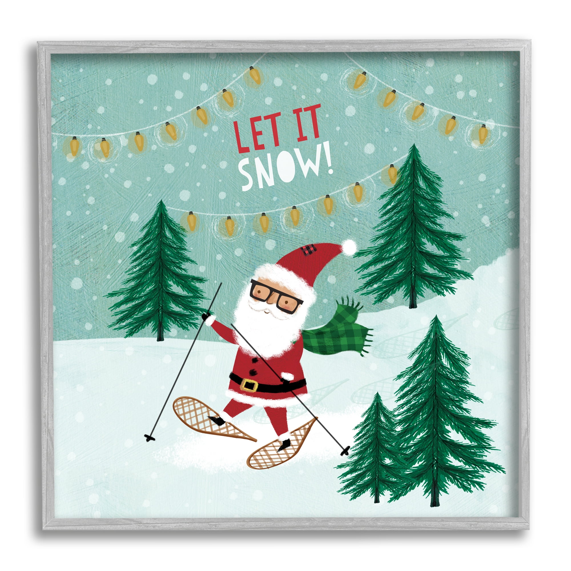 Stupell Industries Let It Snow Santa Snowshoeing Holiday Painting Gray Framed Art Print Wall Art