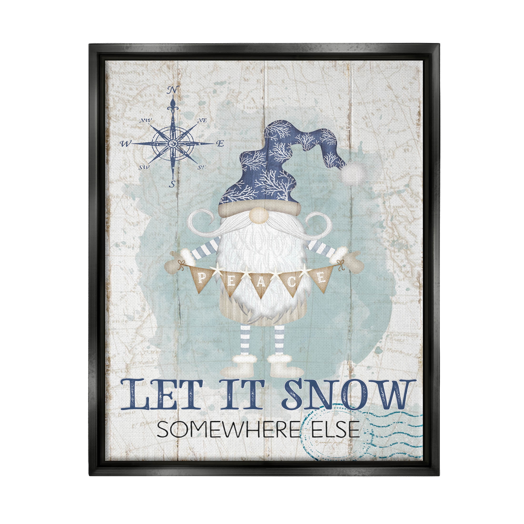 Stupell Industries Let It Snow Somewhere Else Gnome Graphic Art Jet Black Floating Framed Canvas Print Wall Art, Design by Jennifer Pugh