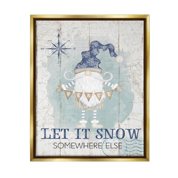 Stupell Industries Let It Snow Somewhere Else Gnome Graphic Art Metallic Gold Floating Framed Canvas Print Wall Art, Design by Jennifer Pugh