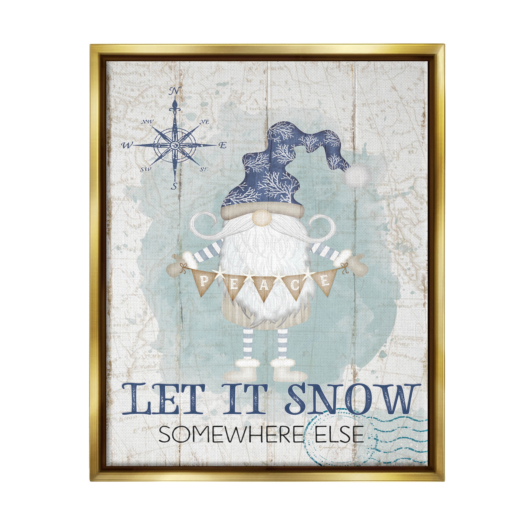 Stupell Industries Let It Snow Somewhere Else Gnome Graphic Art Metallic Gold Floating Framed Canvas Print Wall Art, Design by Jennifer Pugh