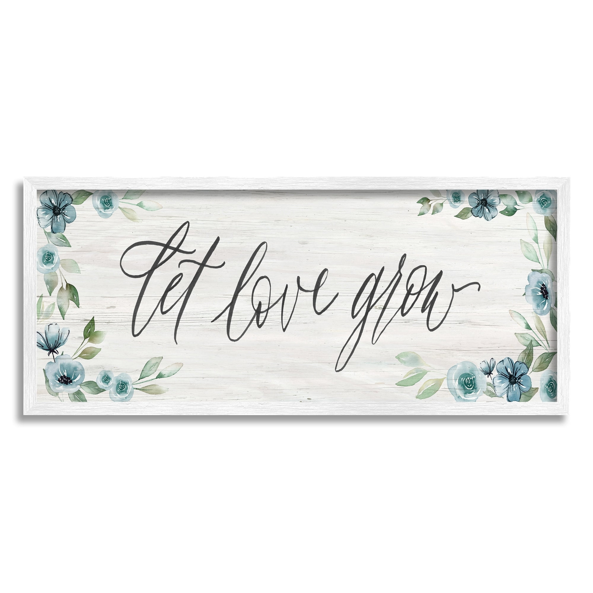 Stupell Industries Let Love Grow Blooming Blue Flower Border Graphic Art White Framed Art Print Wall Art, Design by Kristen Brockmon