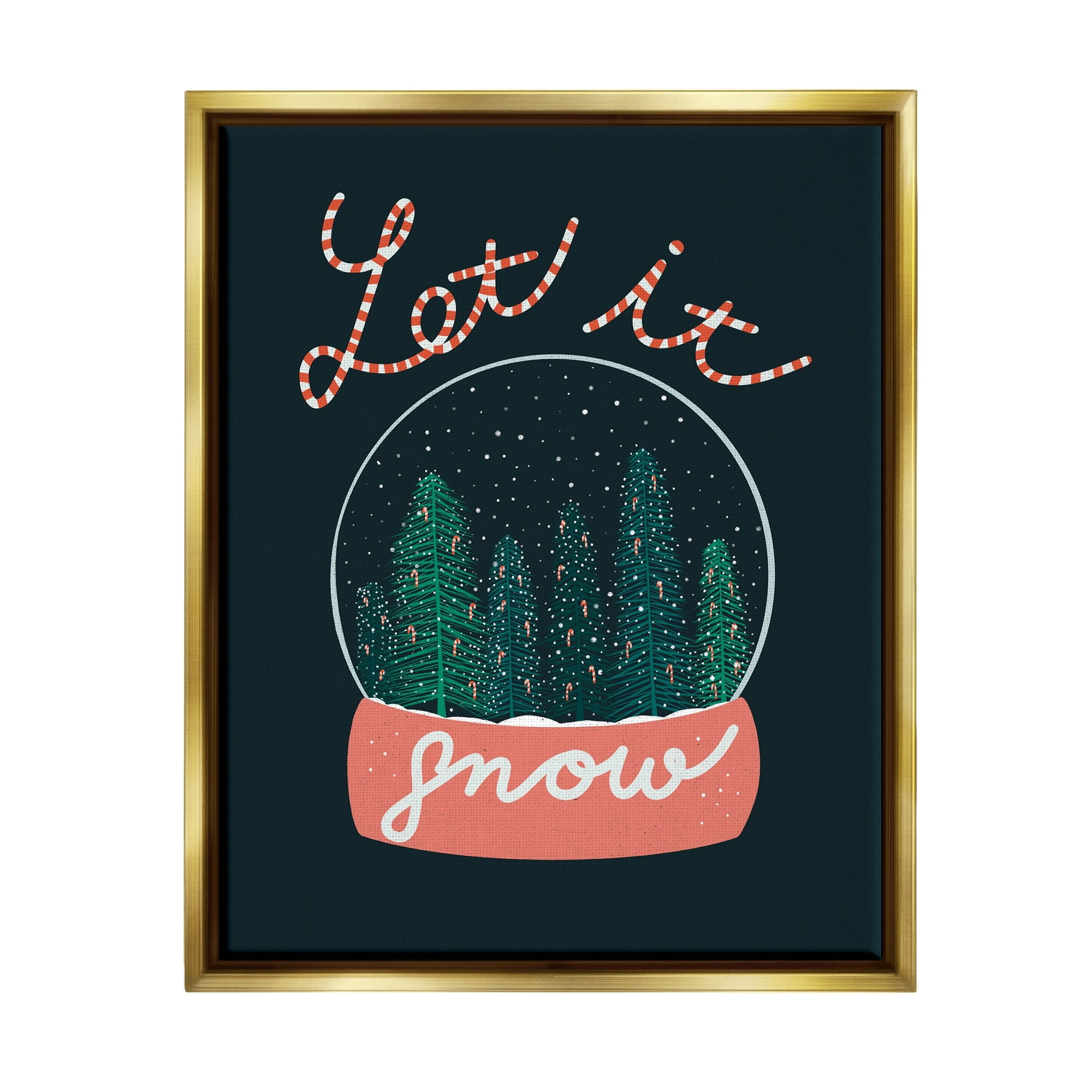 Stupell Industries Let It Snow Seasonal Winter Globe Candy Cane Text Graphic Art Metallic Gold Floating Framed Canvas Print Wall Art, Design by Dominika Godette