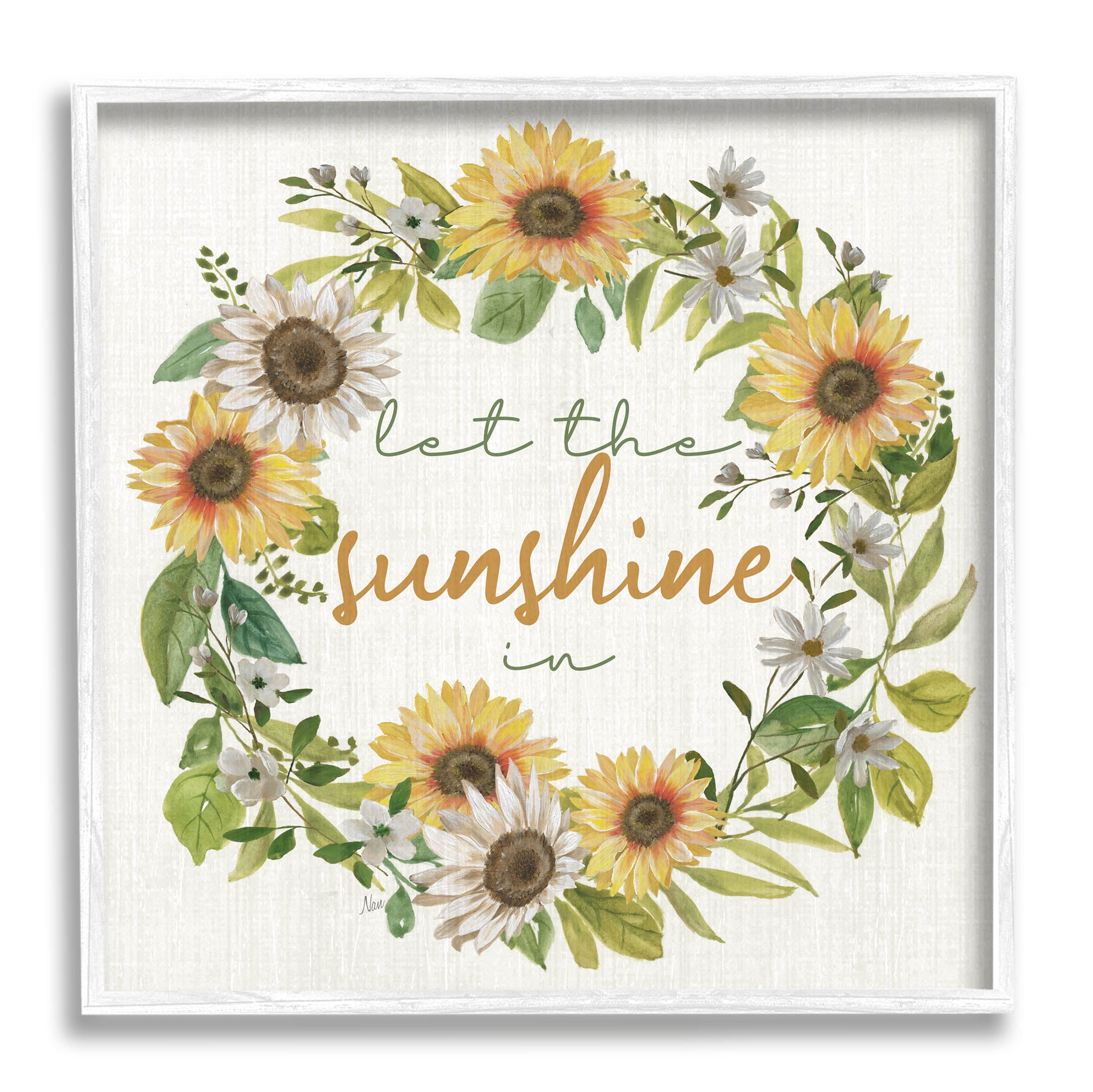 Stupell Industries Let Sunshine In Sunflower Wreath Graphic Art White Framed Art Print Wall Art, Design by Nan