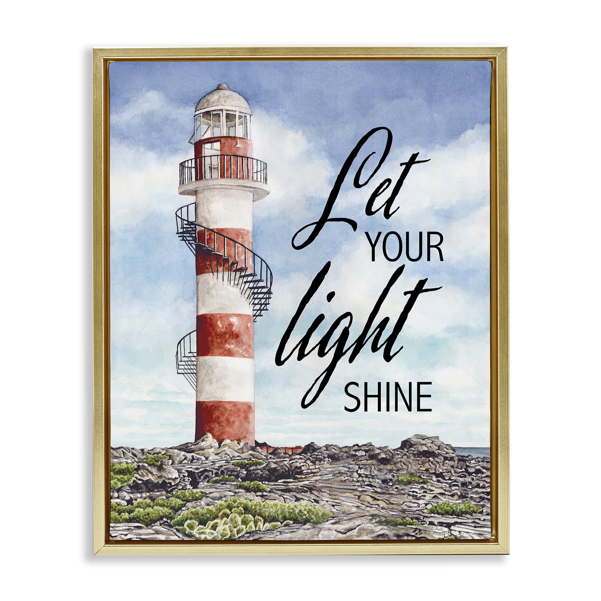 Stupell Industries Let Your Light Shine Beacon Gold Framed Floater Canvas Wall Art, design by Cindy Jacobs