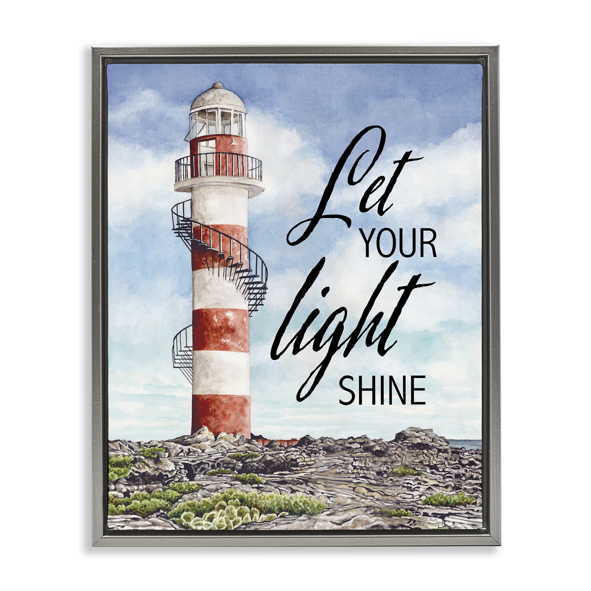 Stupell Industries Let Your Light Shine Beacon Gray Framed Floater Canvas Wall Art, design by Cindy Jacobs