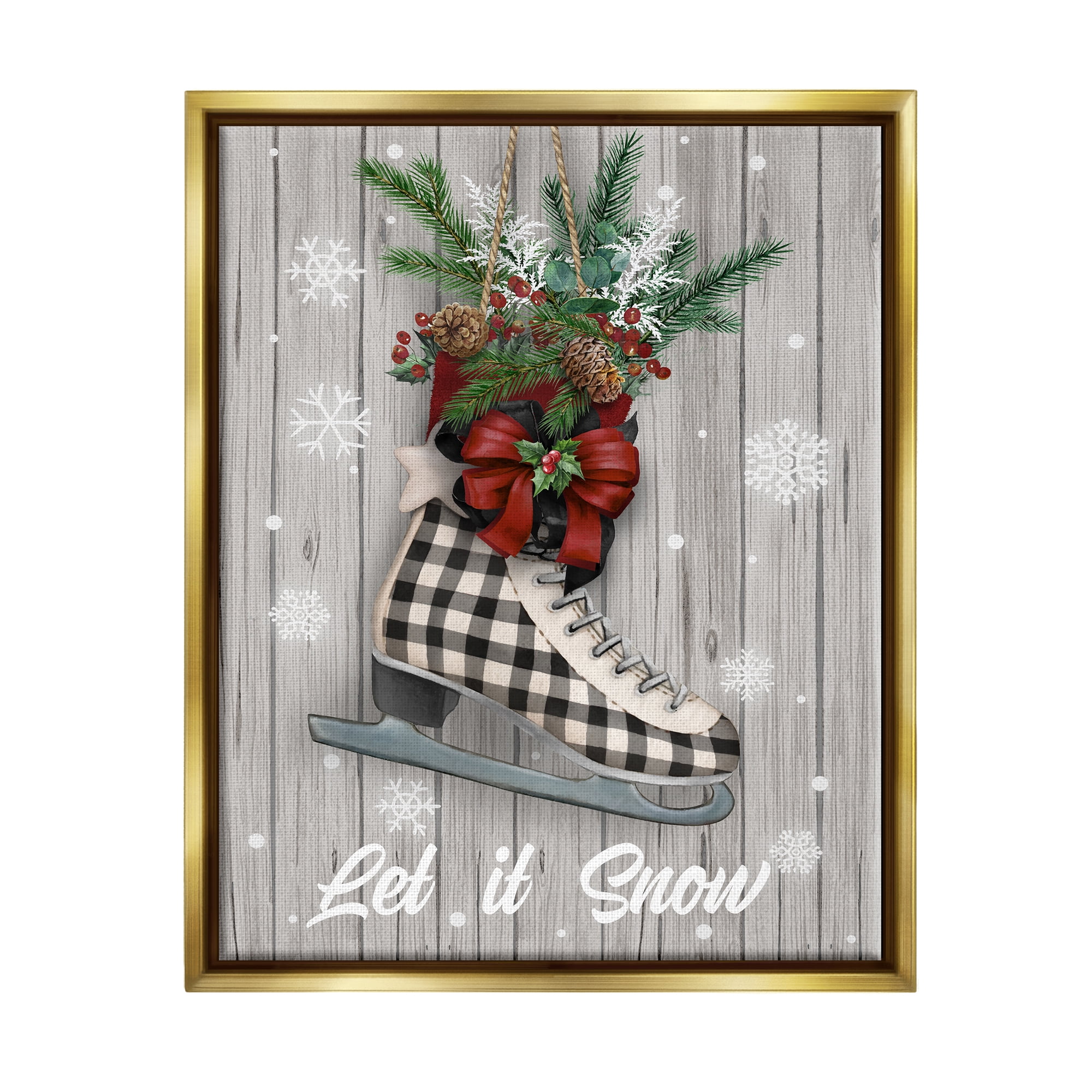 Stupell Industries Let it Snow Ice Skate Holiday Painting Gold Floater Framed Canvas Art Print Wall Art, 17 x 21