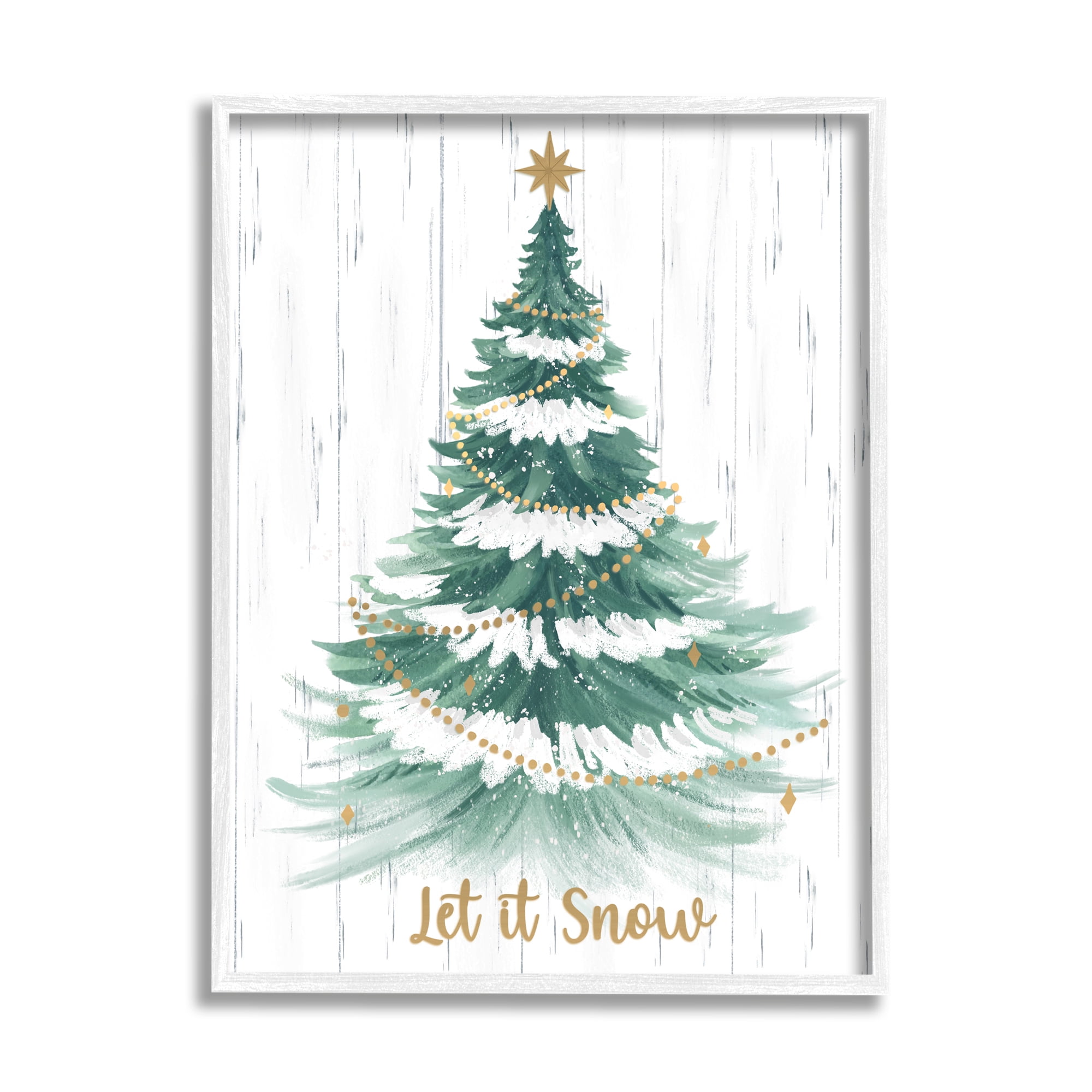 Stupell Industries Let it Snow Rustic Tree Holiday Painting White Framed Art Print Wall Art, 16 x 20