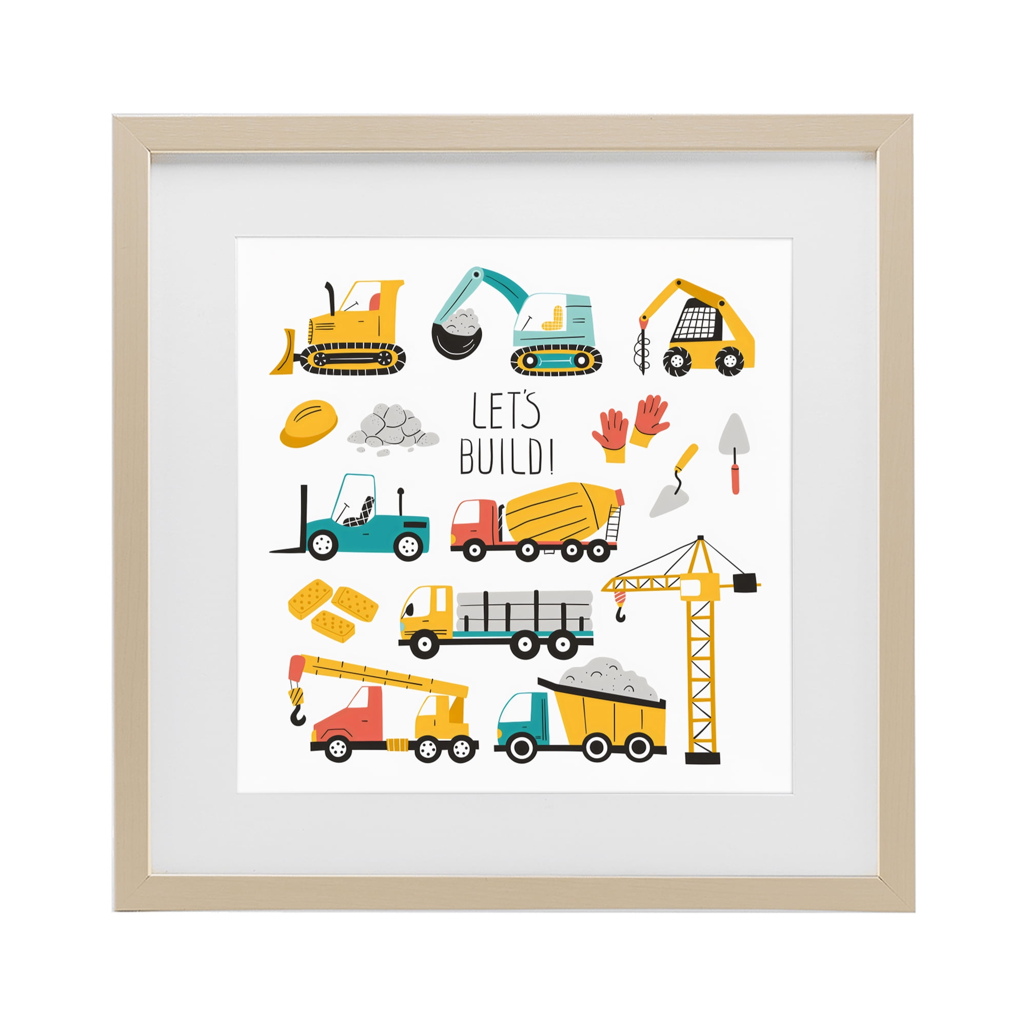 Stupell Industries Let's Build Various Construction Trucks Birch Framed Print Under Glass, design by Creative Studio