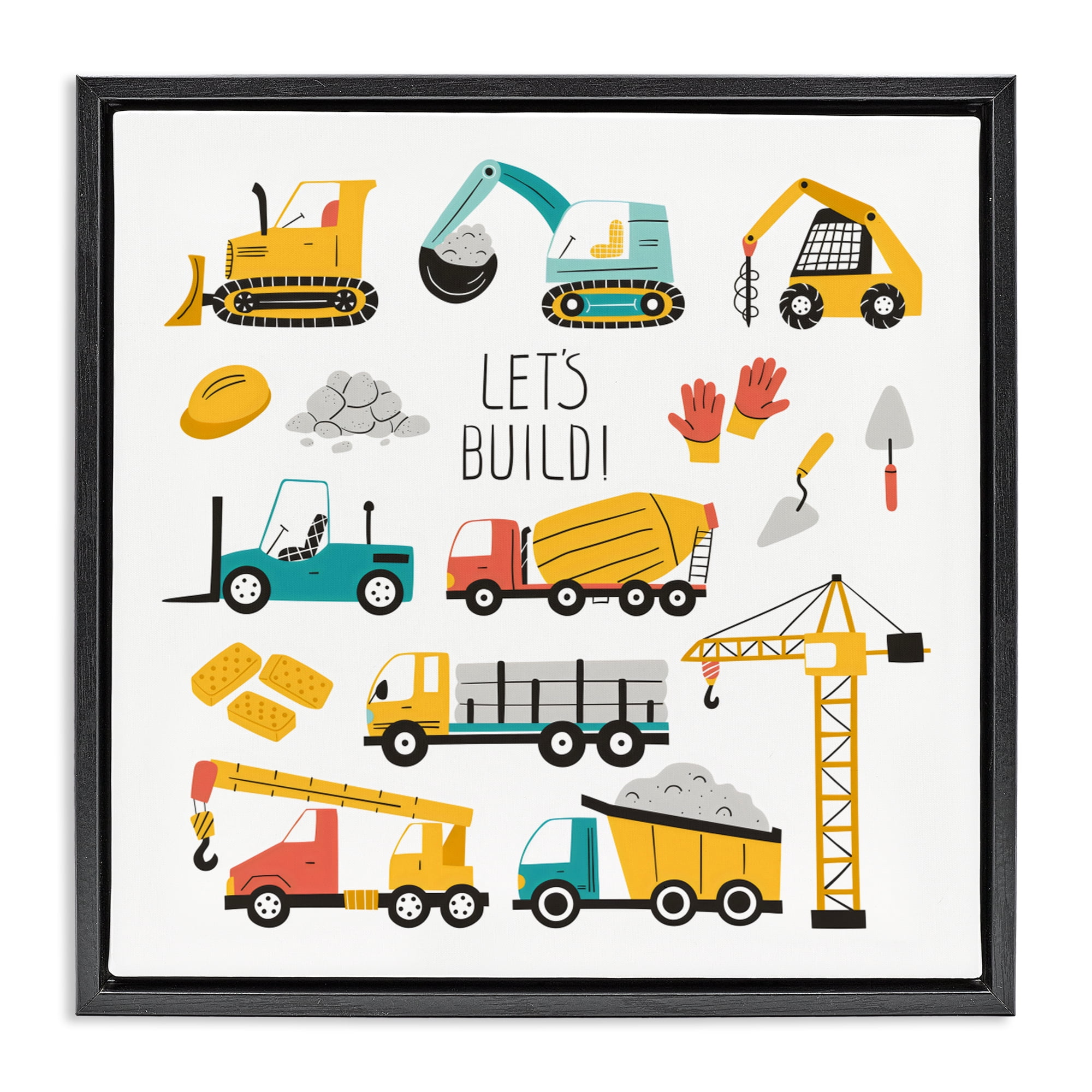 Stupell Industries Let's Build Various Construction Trucks Black Framed Floater Canvas Wall Art, design by Creative Studio
