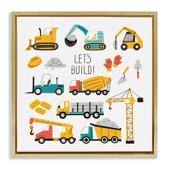 Stupell Industries Let's Build Various Construction Trucks Gold Framed Floater Canvas Wall Art, design by Creative Studio