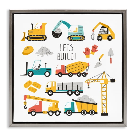 Stupell Industries Let's Build Various Construction Trucks Gray Framed Floater Canvas Wall Art, design by Creative Studio