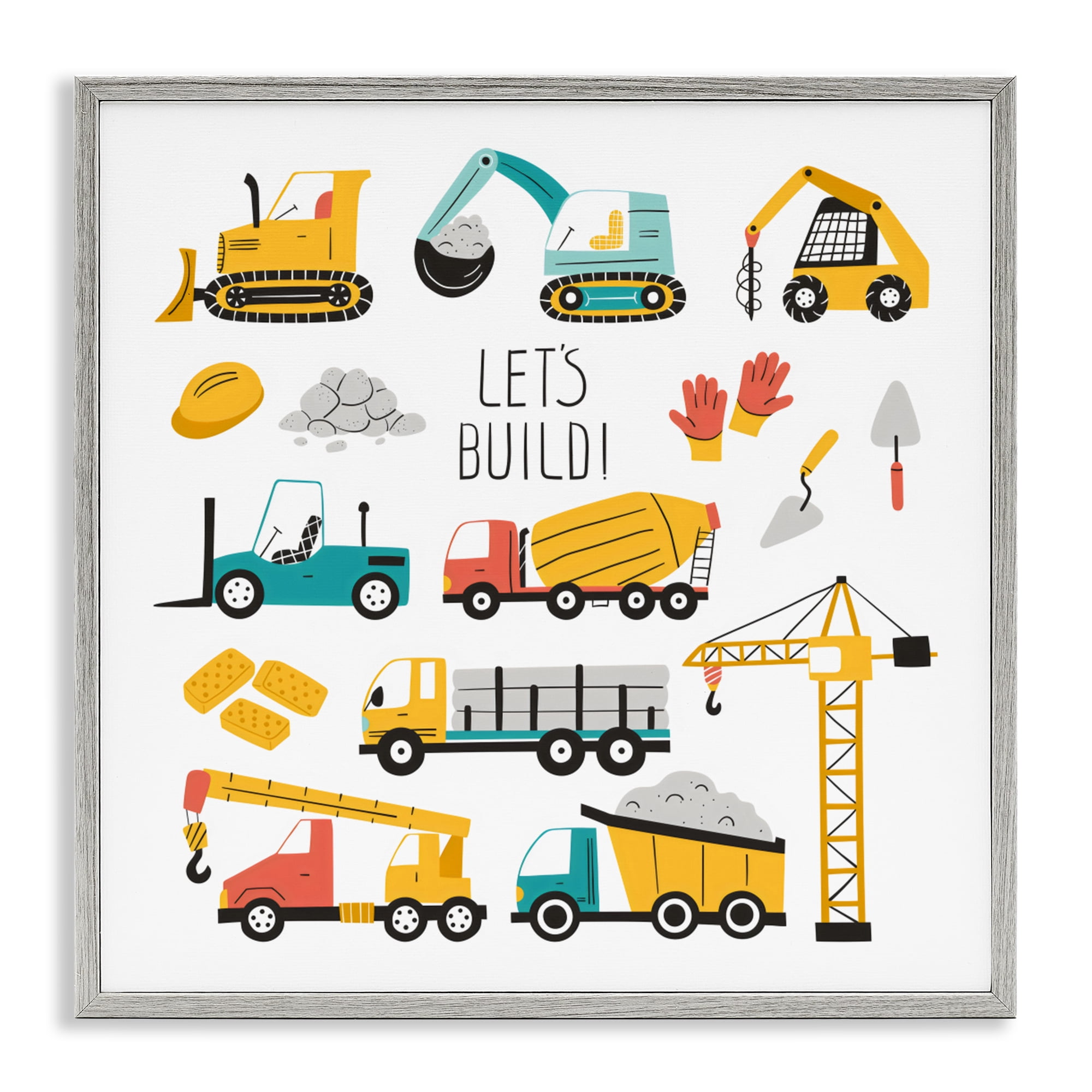 Stupell Industries Let's Build Various Construction Trucks Gray Framed Giclee Art, design by Creative Studio
