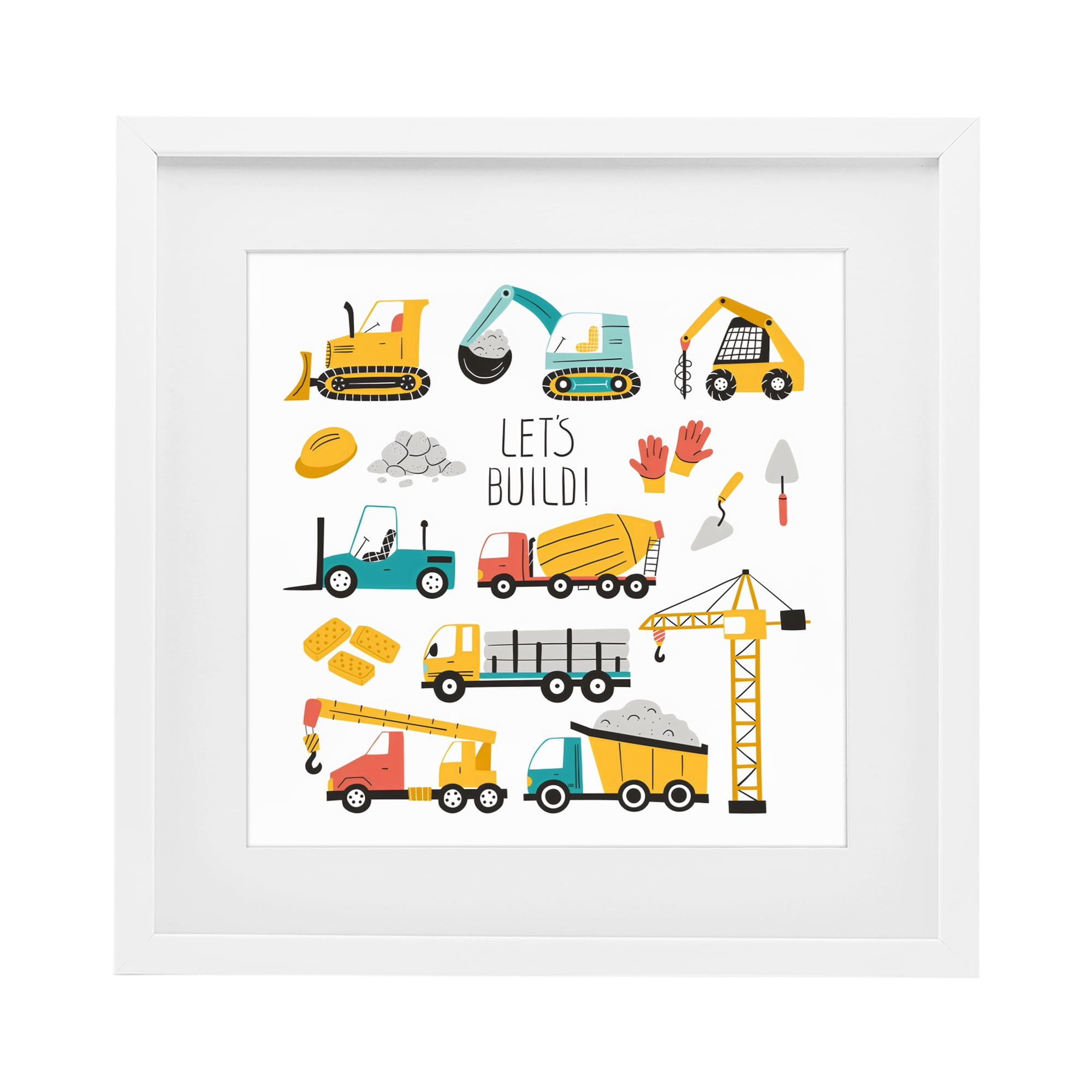 Stupell Industries Let's Build Various Construction Trucks White Framed Print Under Glass, design by Creative Studio