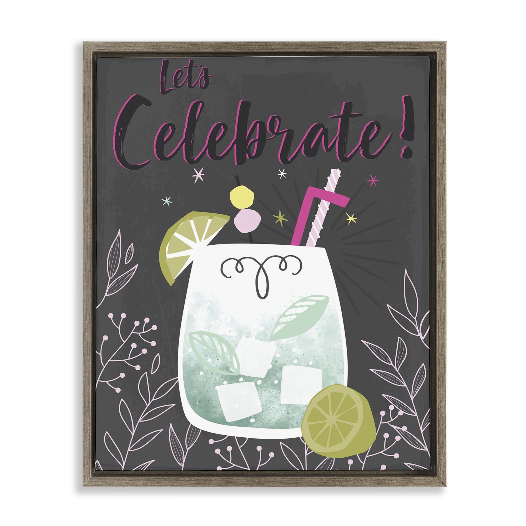 Stupell Industries Let's Celebrate Cocktail Food & Beverage Painting Brown Floater Framed Canvas Art Print Wall Art, 25 x 31