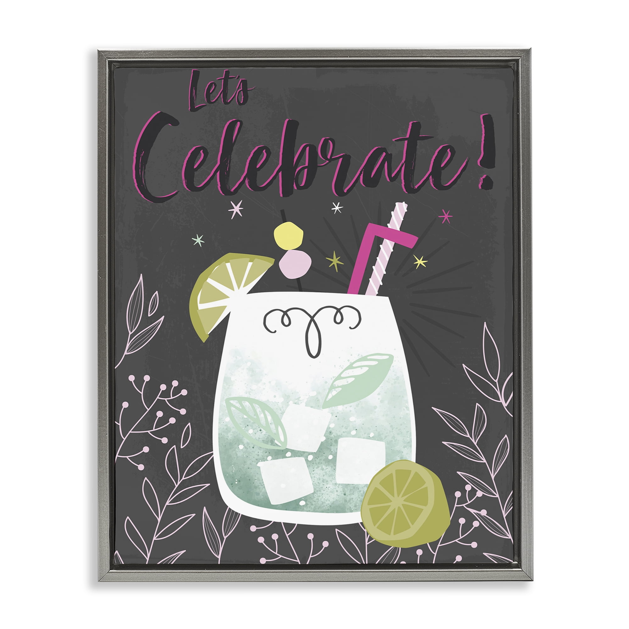 Stupell Industries Let's Celebrate Cocktail Food & Beverage Painting Gray Floater Framed Canvas Art Print Wall Art, 25 x 31
