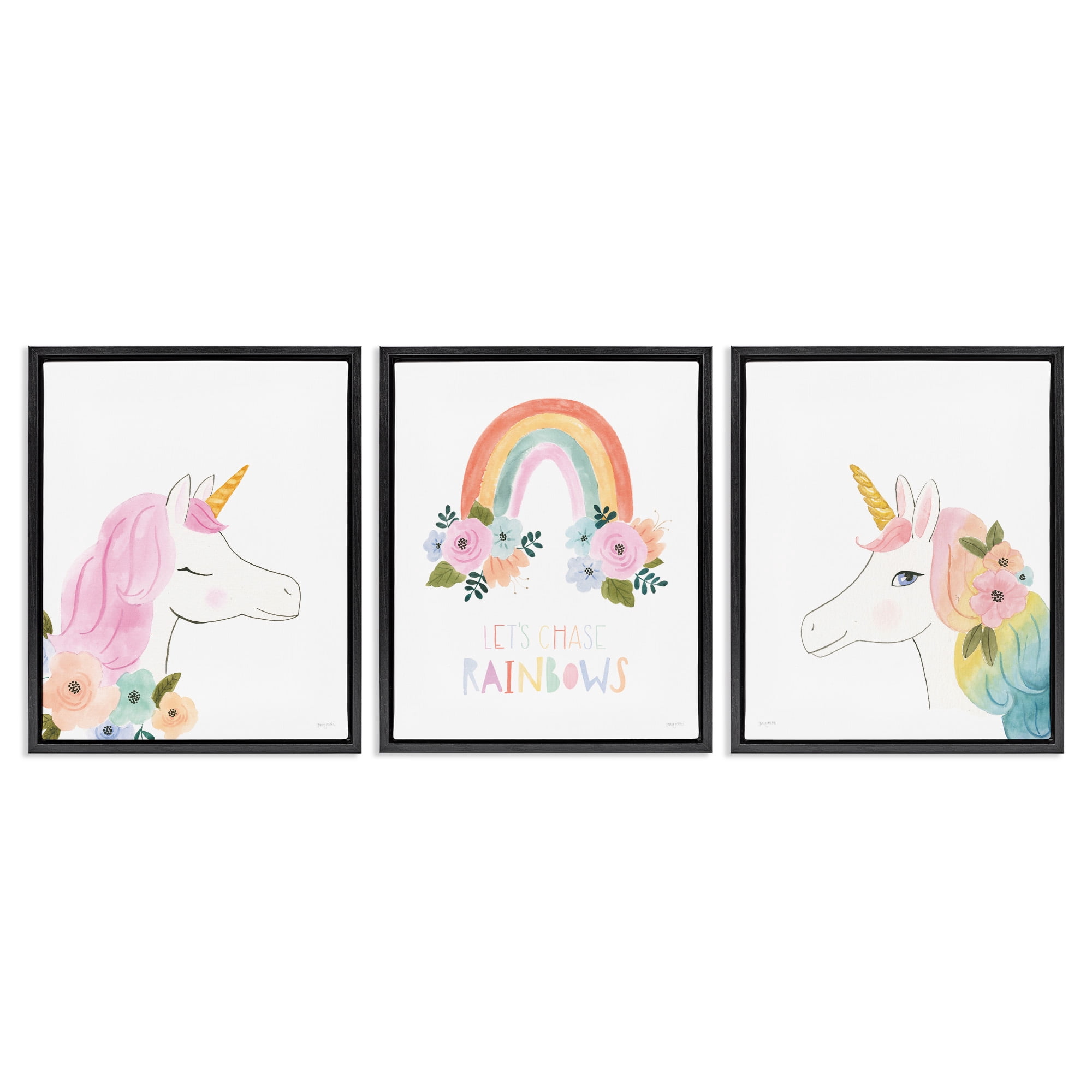 Stupell Industries Let's Chase Rainbows Unicorns Fairy Tales & Fantasy Painting Black Floater Framed Canvas Art Print Wall Art, 17 x 21, Set of 3