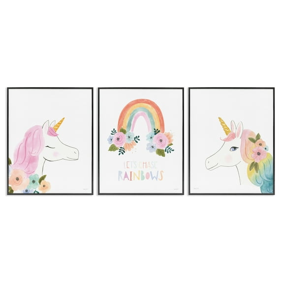 Stupell Industries Let's Chase Rainbows Unicorns Fairy Tales & Fantasy Painting Black Framed Art Print Wall Art, 24 x 30, Set of 3