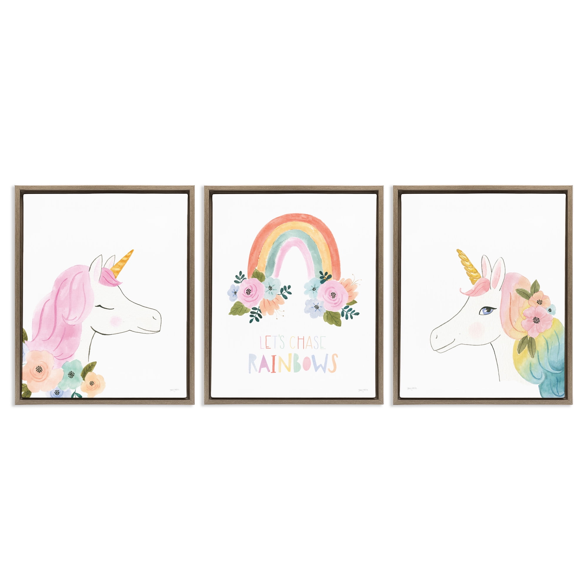 Stupell Industries Let's Chase Rainbows Unicorns Fairy Tales & Fantasy Painting Brown Floater Framed Canvas Art Print Wall Art, 17 x 21, Set of 3