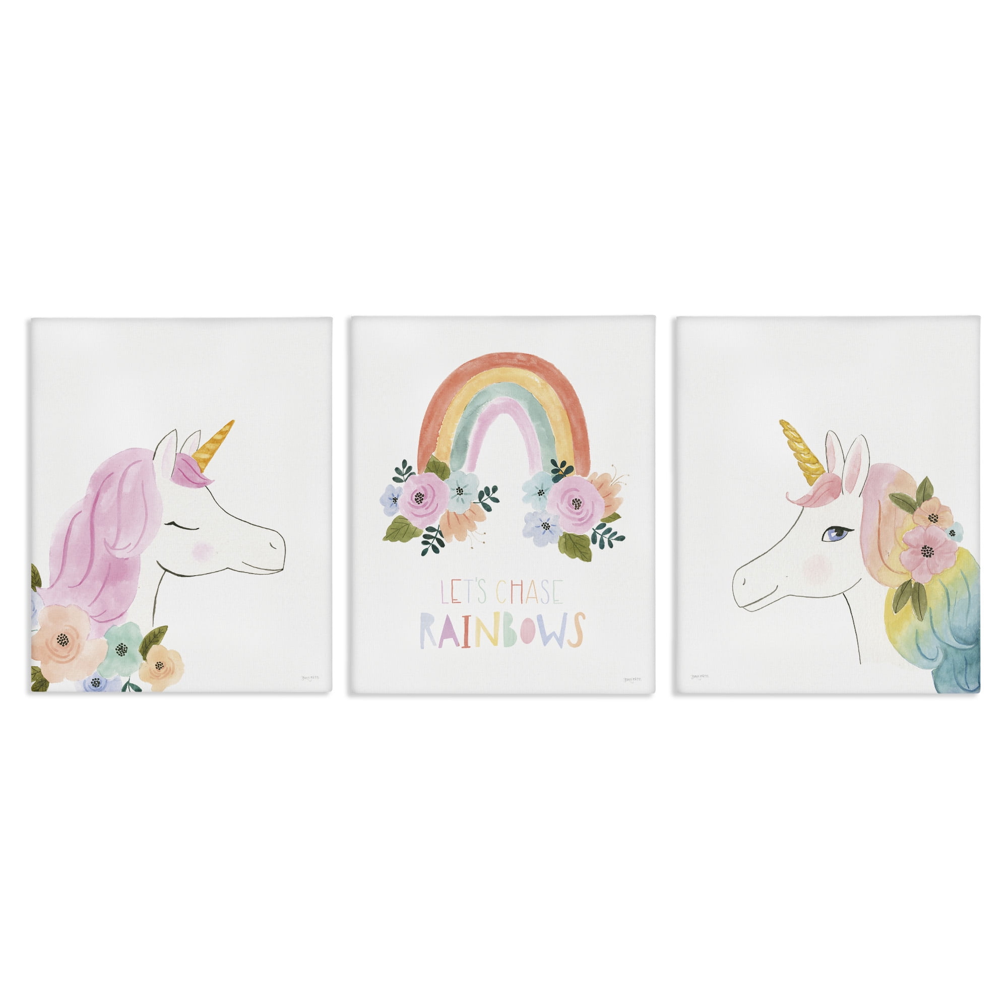 Stupell Industries Let's Chase Rainbows Unicorns Fairy Tales & Fantasy Painting Gallery Wrapped Canvas Art Print Wall Art, 11 x 14, Set of 3