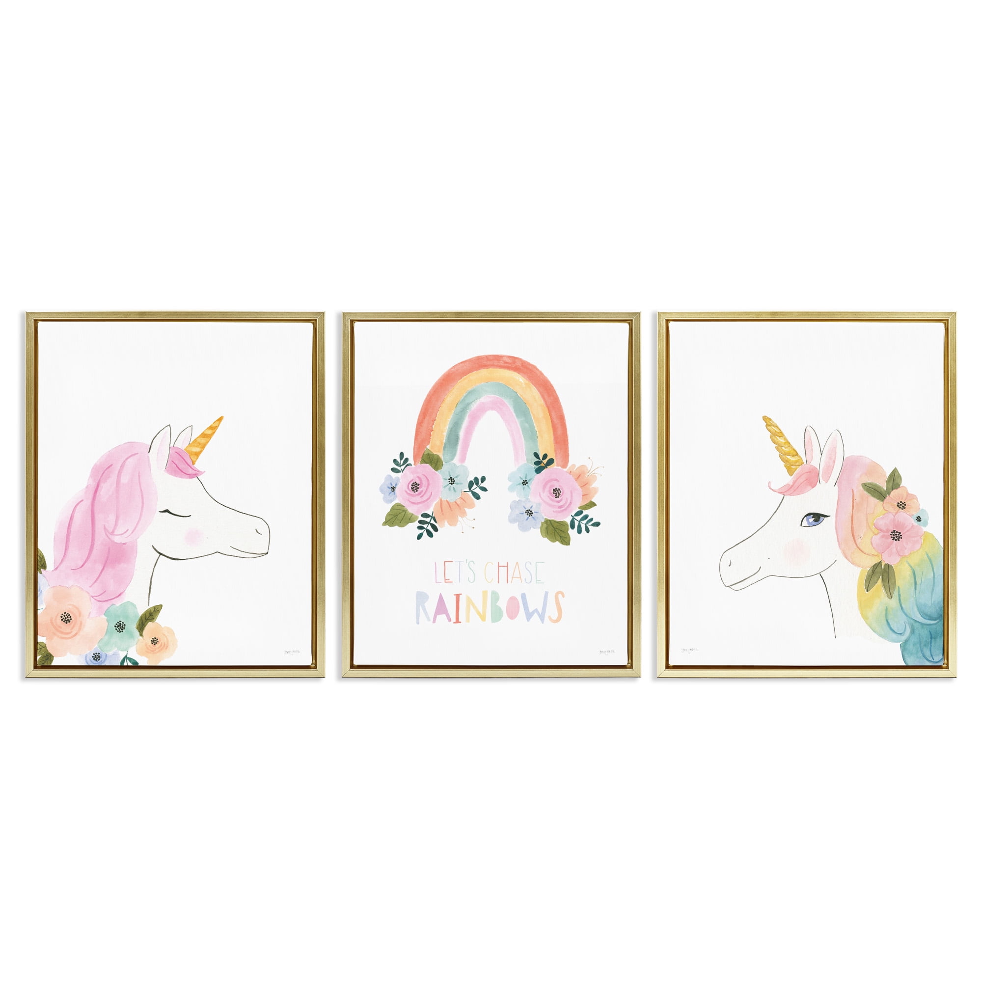 Stupell Industries Let's Chase Rainbows Unicorns Fairy Tales & Fantasy Painting Gold Floater Framed Canvas Art Print Wall Art, 25 x 31, Set of 3