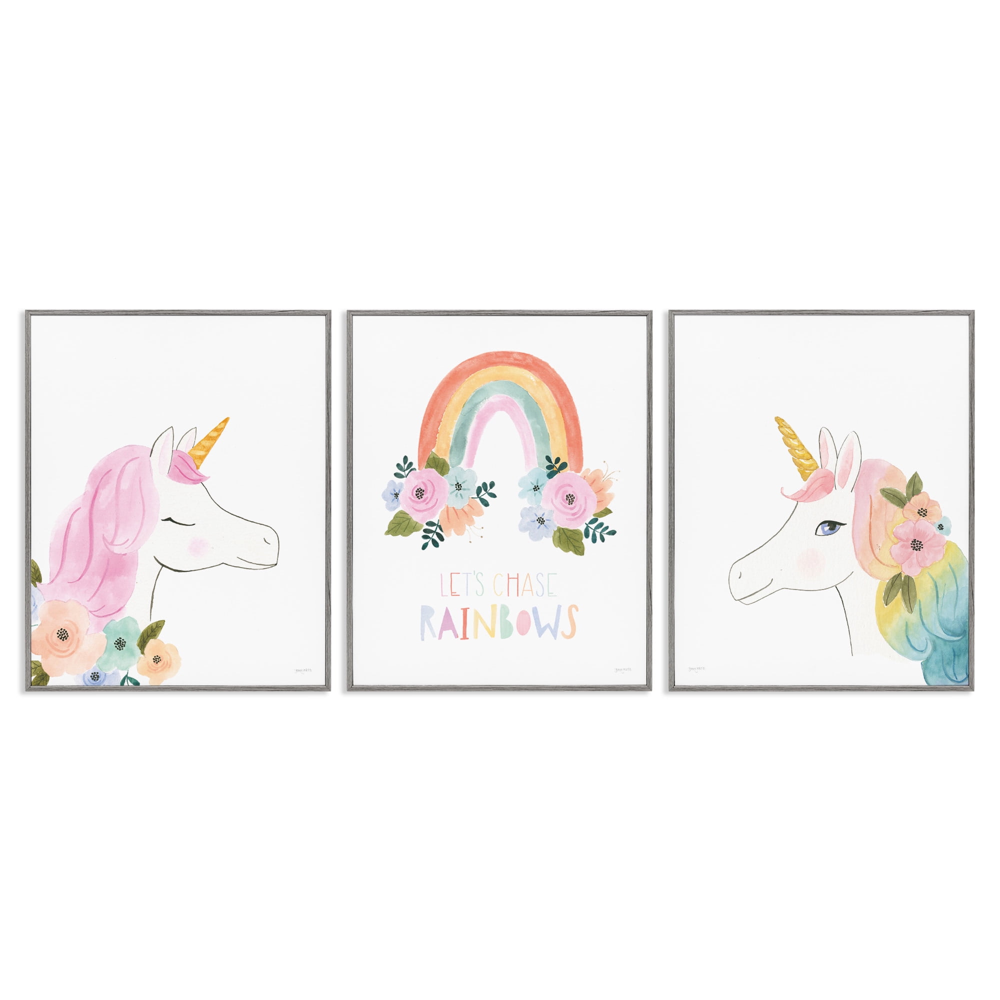 Stupell Industries Let's Chase Rainbows Unicorns Fairy Tales & Fantasy Painting Gray Framed Art Print Wall Art, 24 x 30, Set of 3