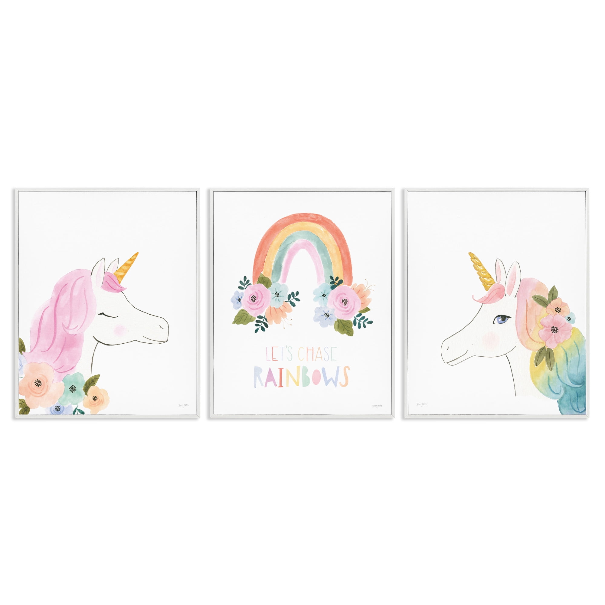 Stupell Industries Let's Chase Rainbows Unicorns Fairy Tales & Fantasy Painting White Framed Art Print Wall Art, 16 x 20, Set of 3