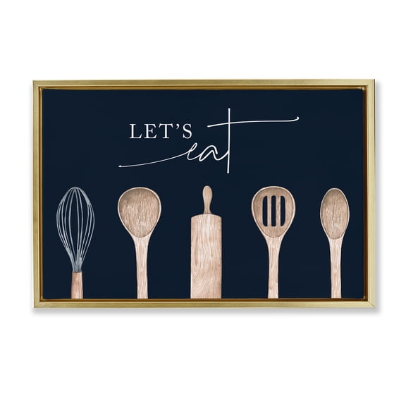 Stupell Industries Let's Eat Kitchen Utensils Quotes and Sayings Painting Gold Floater Framed Canvas Art Print Wall Art, 25 x 17