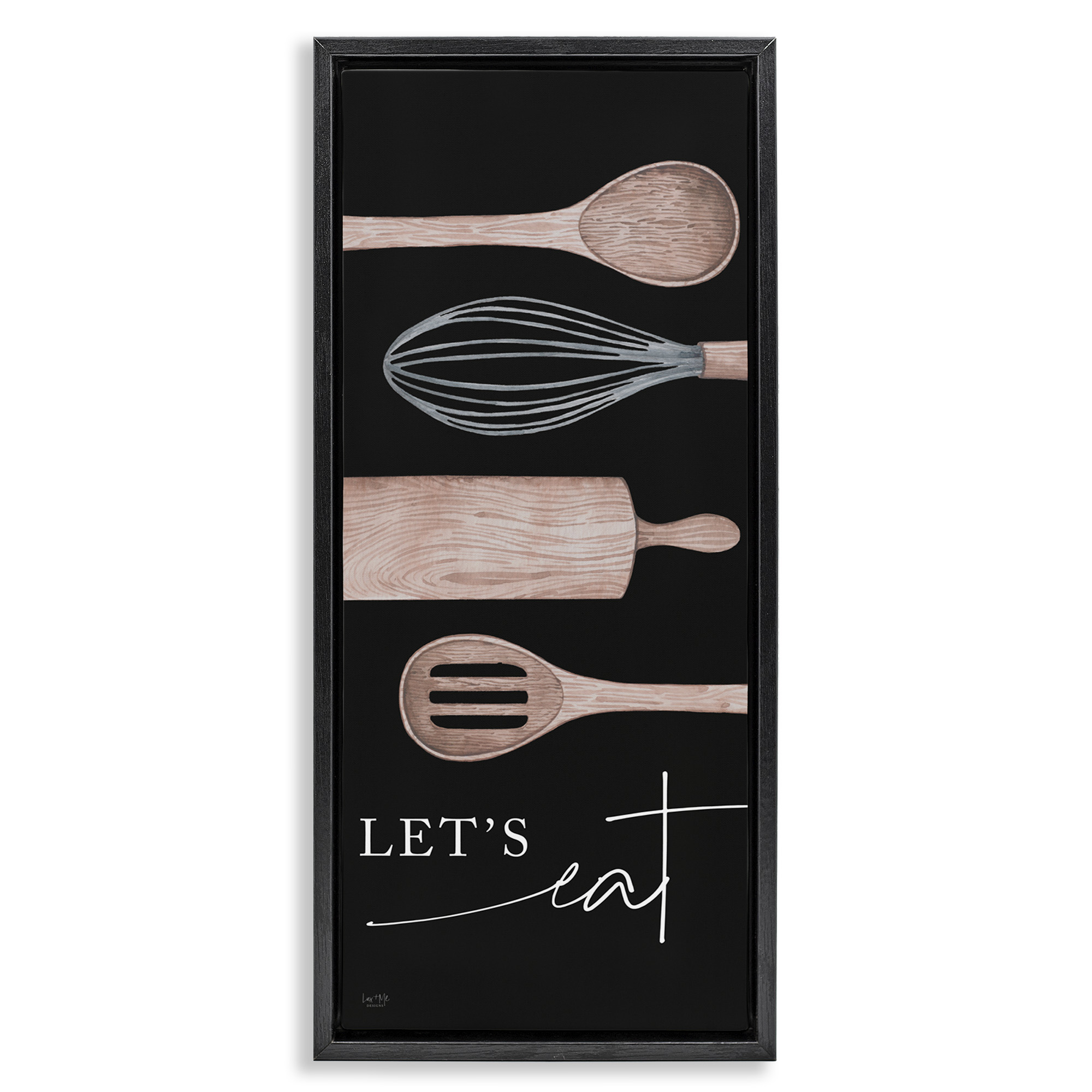 Stupell Industries Let's Eat with Kitchen Utensils Food & Beverage Painting Black Floater Framed Canvas Art Print Wall Art, 15 x 31