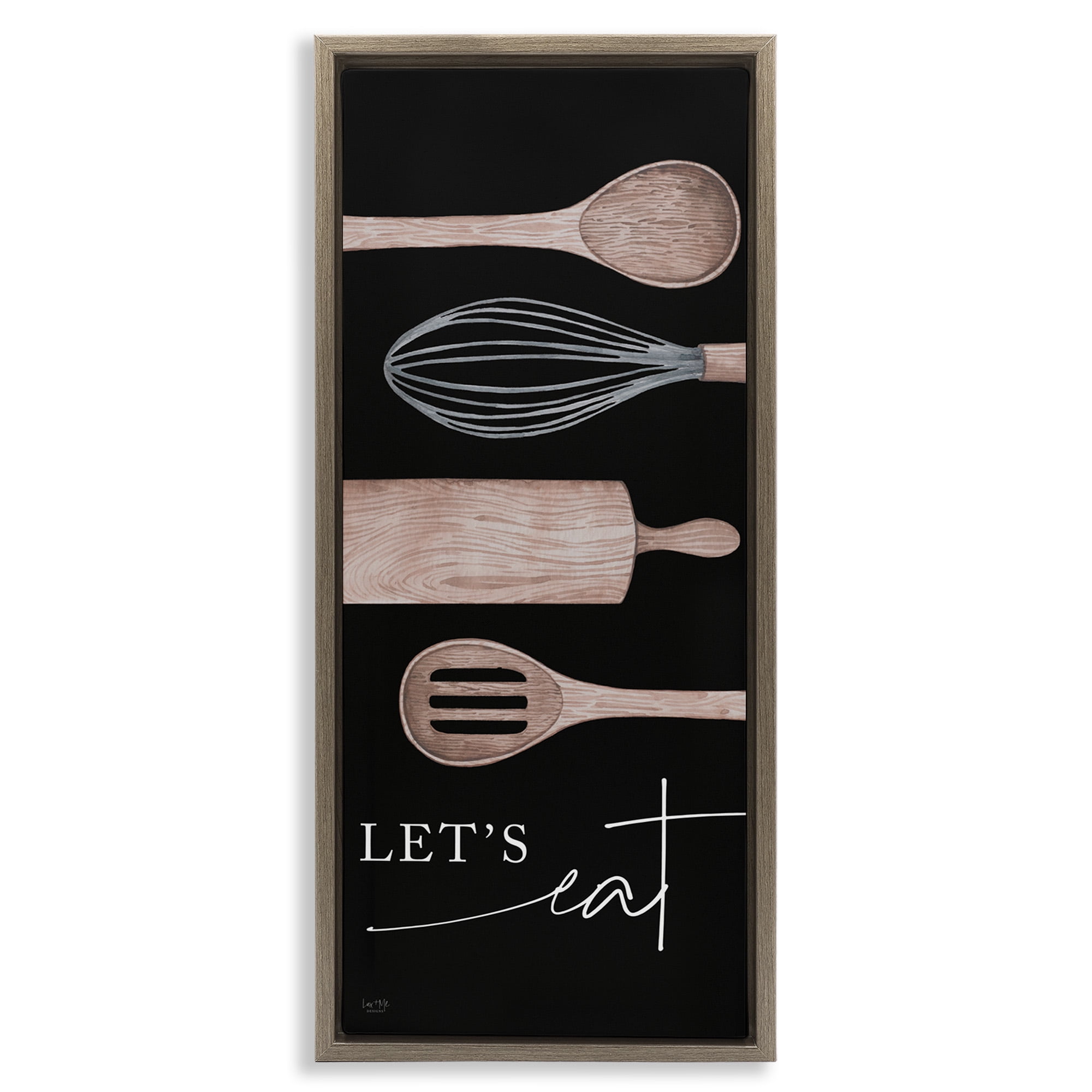 Stupell Industries Let's Eat with Kitchen Utensils Food & Beverage Painting Brown Floater Framed Canvas Art Print Wall Art, 11 x 25
