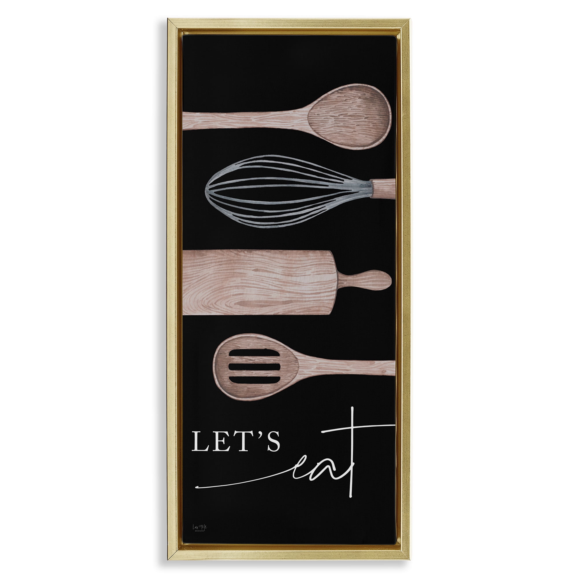 Stupell Industries Let's Eat with Kitchen Utensils Food & Beverage Painting Gold Floater Framed Canvas Art Print Wall Art, 11 x 25