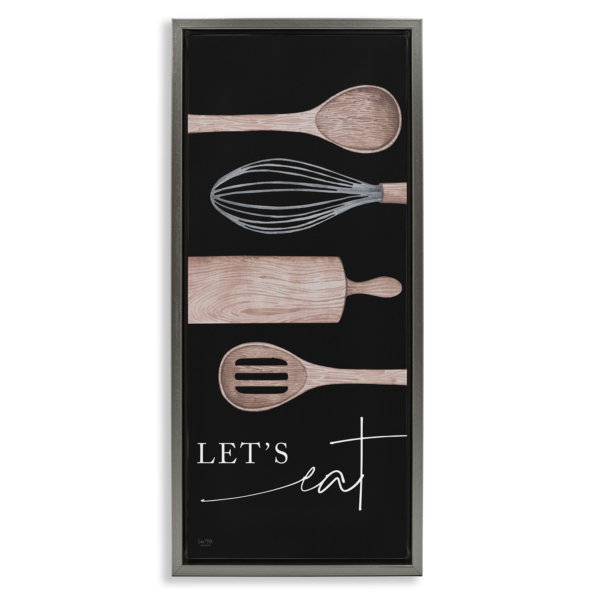 Stupell Industries Let's Eat with Kitchen Utensils Food & Beverage Painting Gray Floater Framed Canvas Art Print Wall Art, 11 x 25