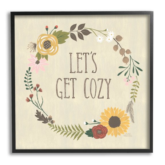 Stupell Industries Let's Get Cozy Floral Wreath Graphic Art Black Framed Art Print Wall Art, Design by Laura Marshall
