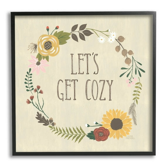 Stupell Industries Let's Get Cozy Floral Wreath Graphic Art Black Framed Art Print Wall Art, Design by Laura Marshall