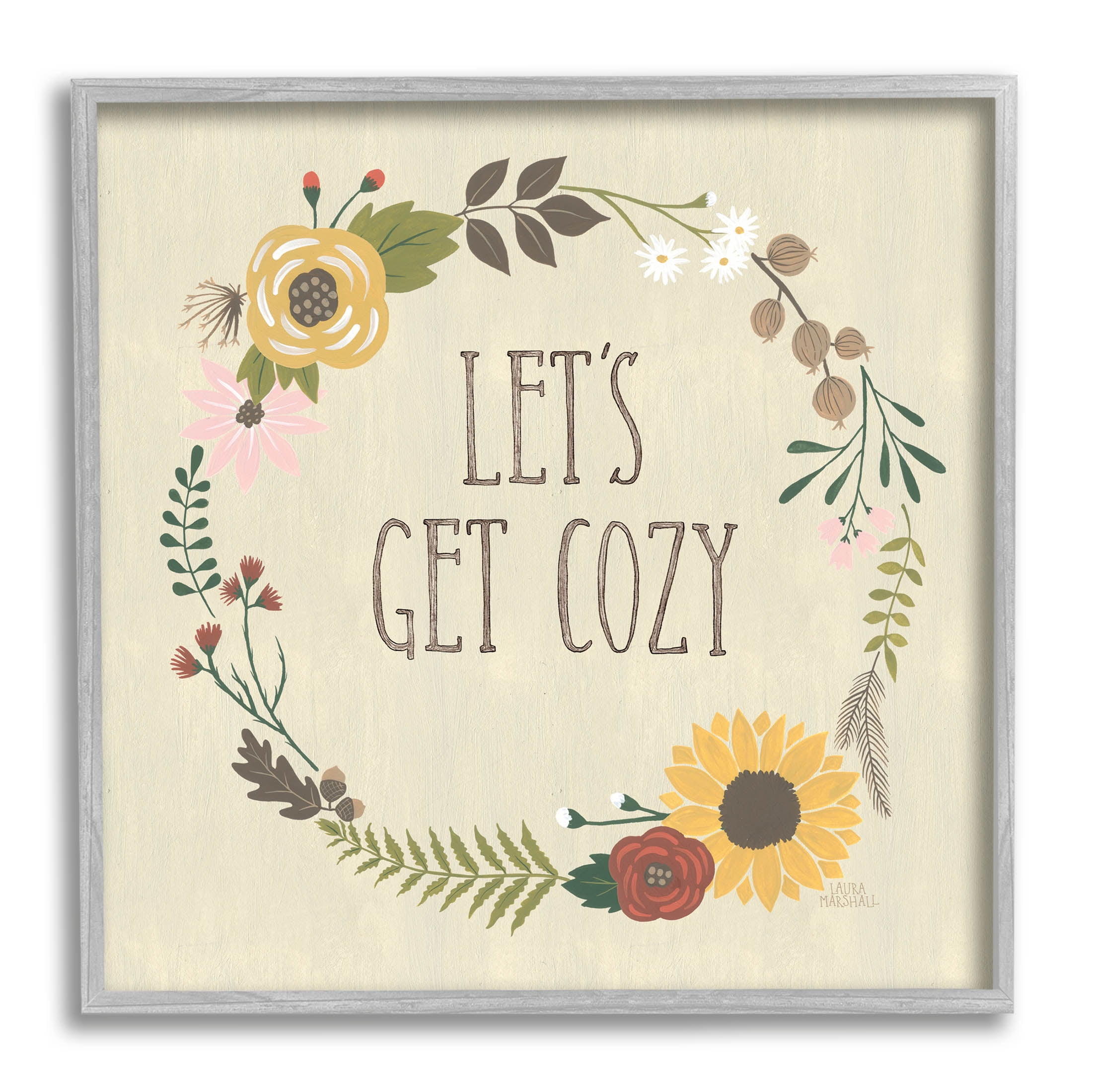 Stupell Industries Let's Get Cozy Floral Wreath Graphic Art Gray Framed Art Print Wall Art, Design by Laura Marshall