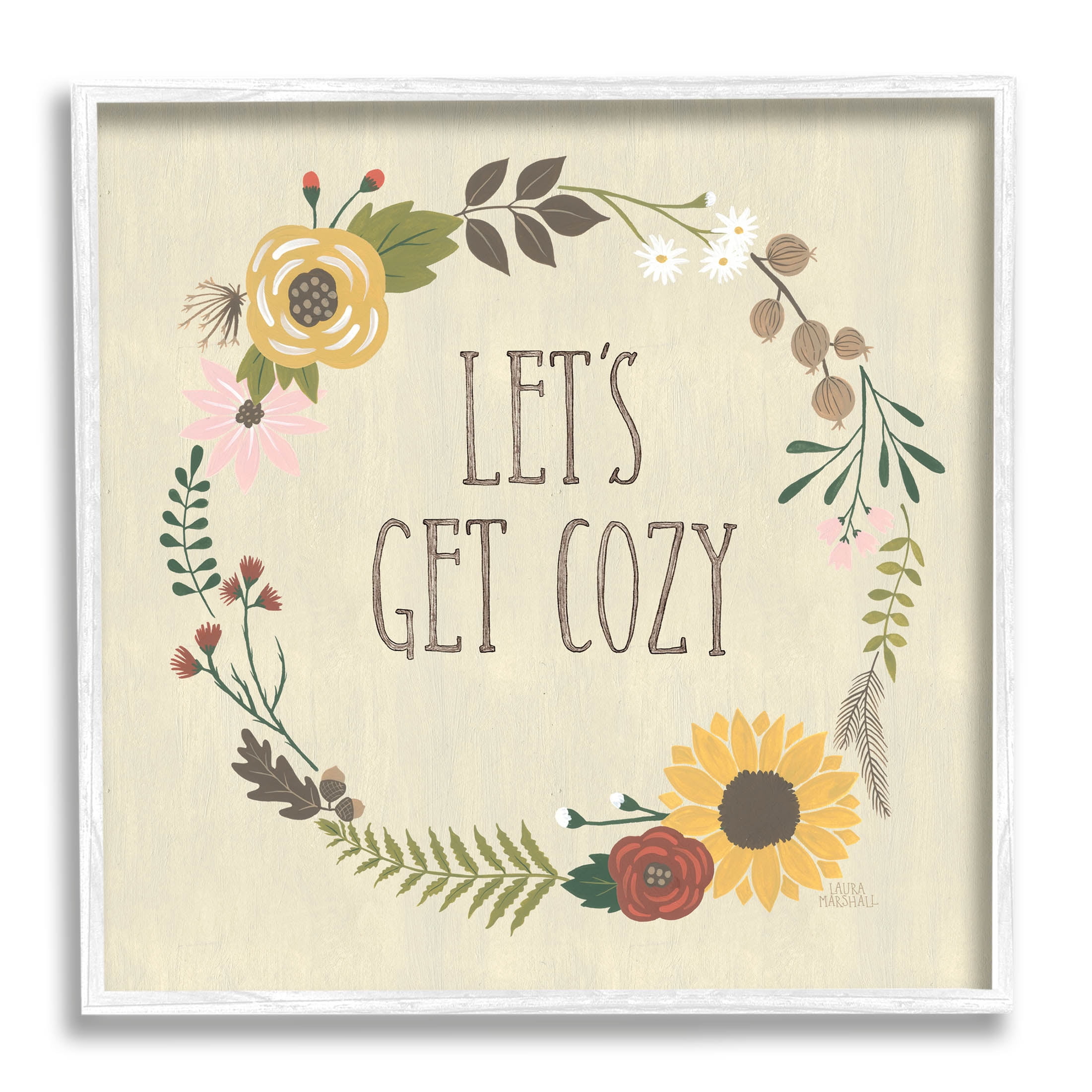 Stupell Industries Let's Get Cozy Floral Wreath Graphic Art White Framed Art Print Wall Art, Design by Laura Marshall