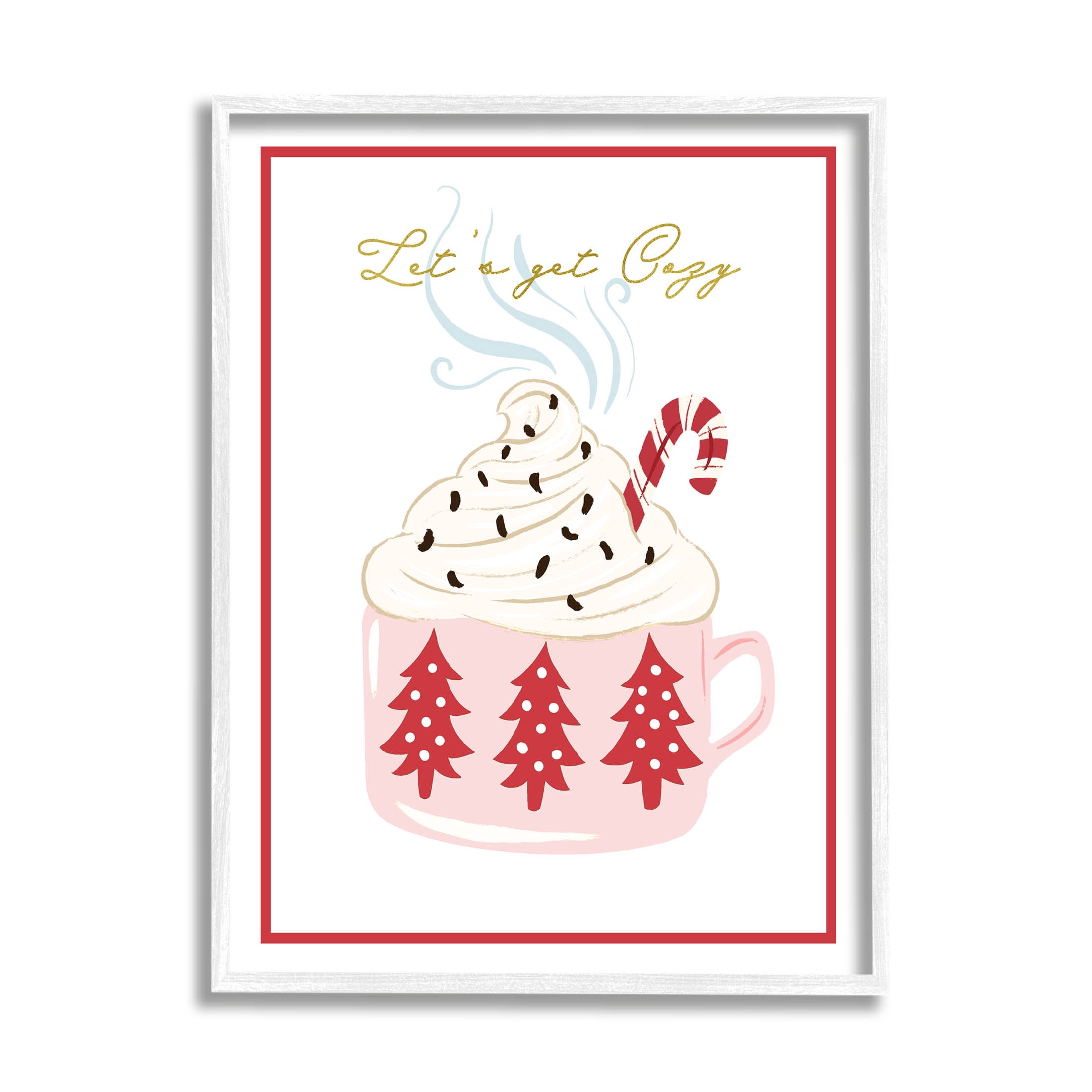 Stupell Industries Let's Get Cozy Pink Cocoa Graphic Art White Framed Art Print Wall Art, Design by The Saturday Evening Post