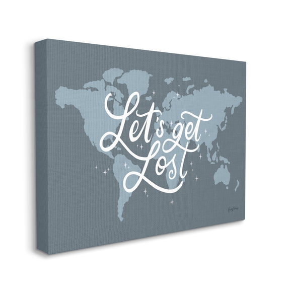 Stupell Industries Let's Get Lost Adventure Phrase Blue World Map, 36 x 48, Design by Becky Thorns