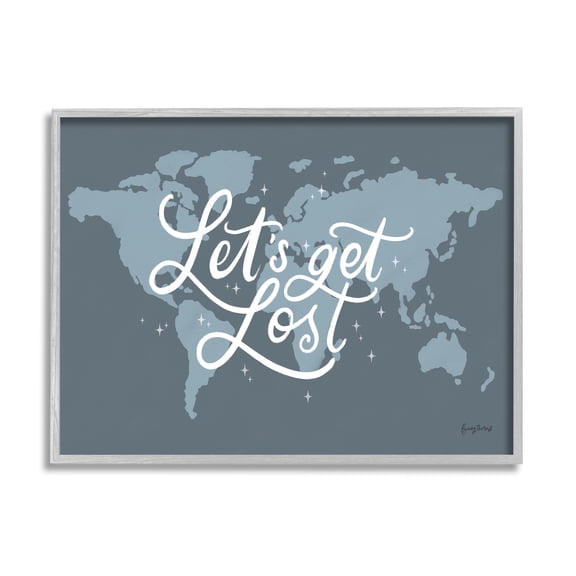 Stupell Industries Let's Get Lost Adventure Phrase Blue World Map Inspirational Painting Gray Framed Art Print Wall Art, 11 x 14