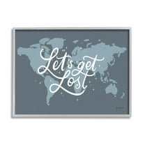 Stupell Industries Let's Get Lost Adventure Phrase Blue World Map Inspirational Painting Gray Framed Art Print Wall Art, 16 x 20