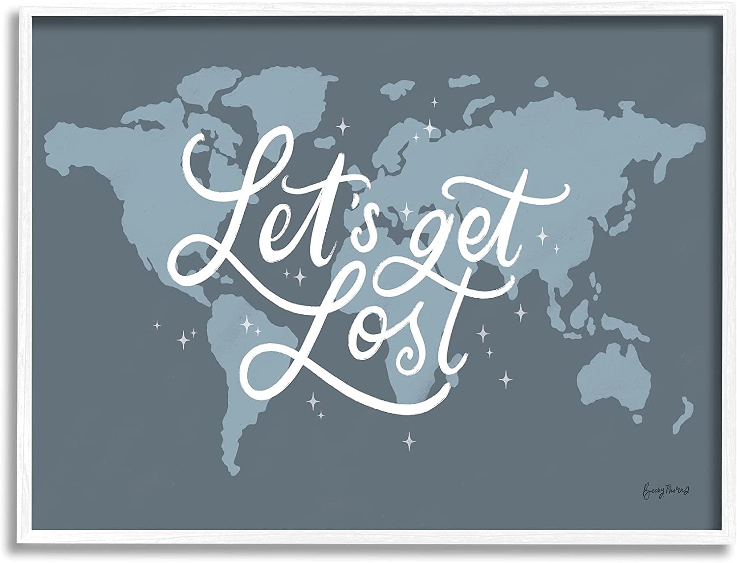 Stupell Industries Let's Get Lost Adventure Phrase Blue World Map Inspirational Painting White Framed Art Print Wall Art, 11 x 14