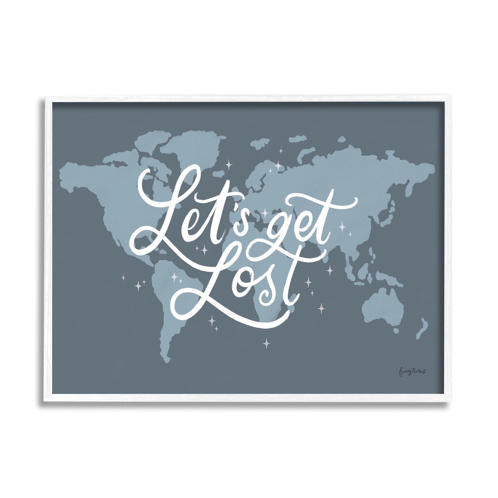 Stupell Industries Let's Get Lost Adventure Phrase Blue World Map Inspirational Painting White Framed Art Print Wall Art, 16 x 20