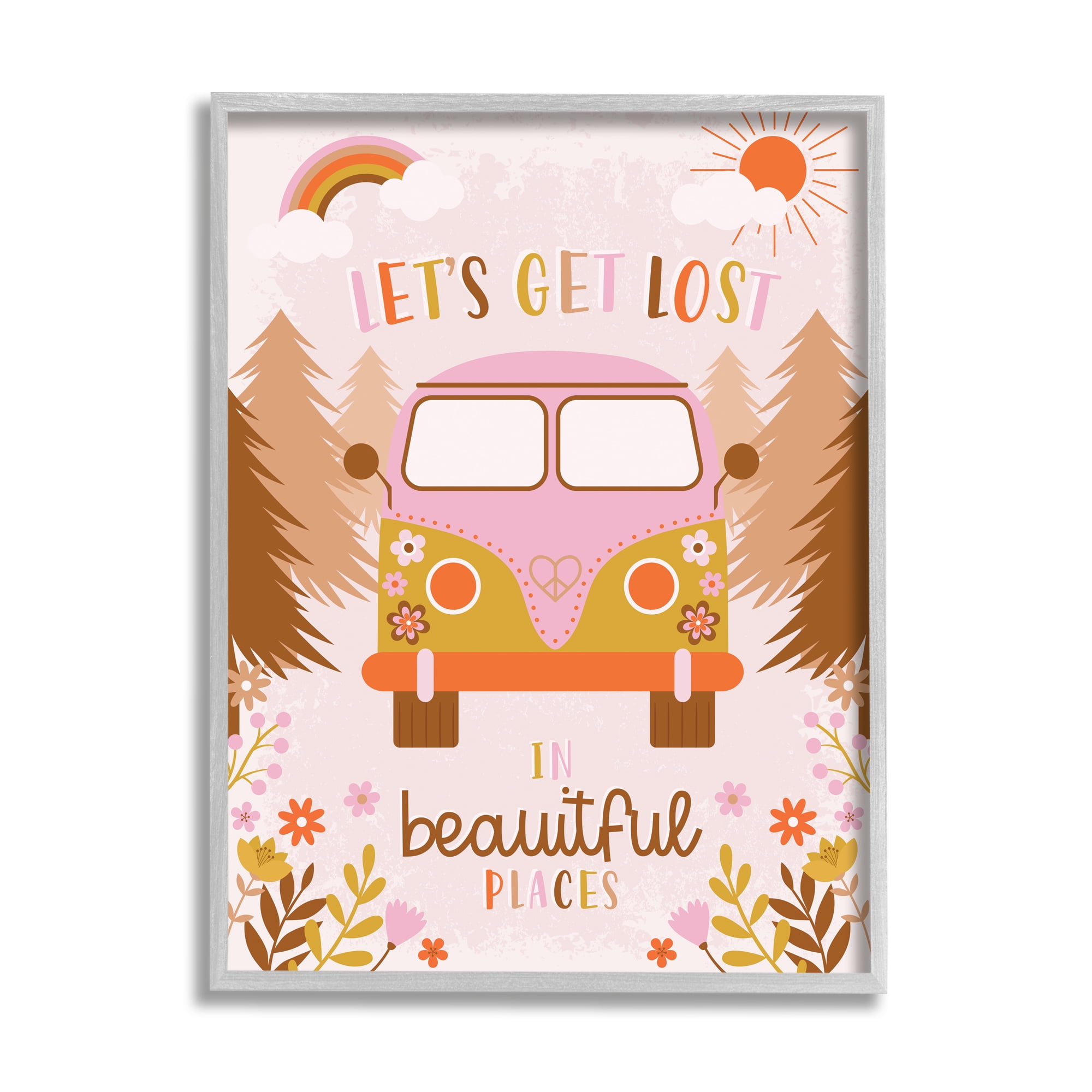 Stupell Industries Let's Get Lost Phrase Adventure Peace Flowers Van Graphic Art Gray Framed Art Print Wall Art, 24x30, by Angela Nickeas