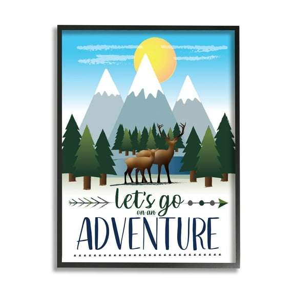 Stupell Industries Let's Go Adventure Phrase Forest Animal Mountain Range Inspirational Painting Black Framed Art Print Wall Art, 11 x 14