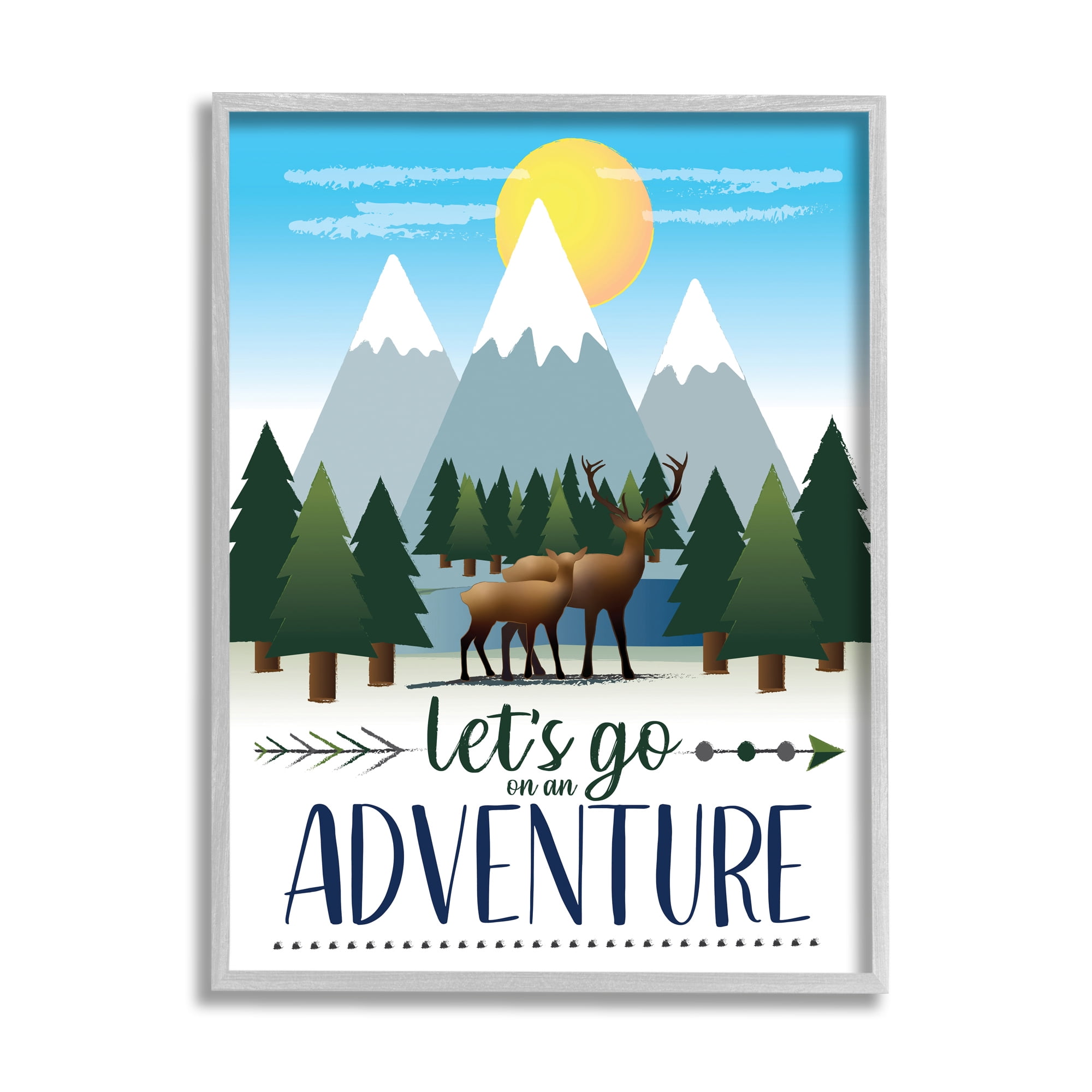 Stupell Industries Let's Go Adventure Phrase Forest Animal Mountain Range Inspirational Painting Gray Framed Art Print Wall Art, 11 x 14