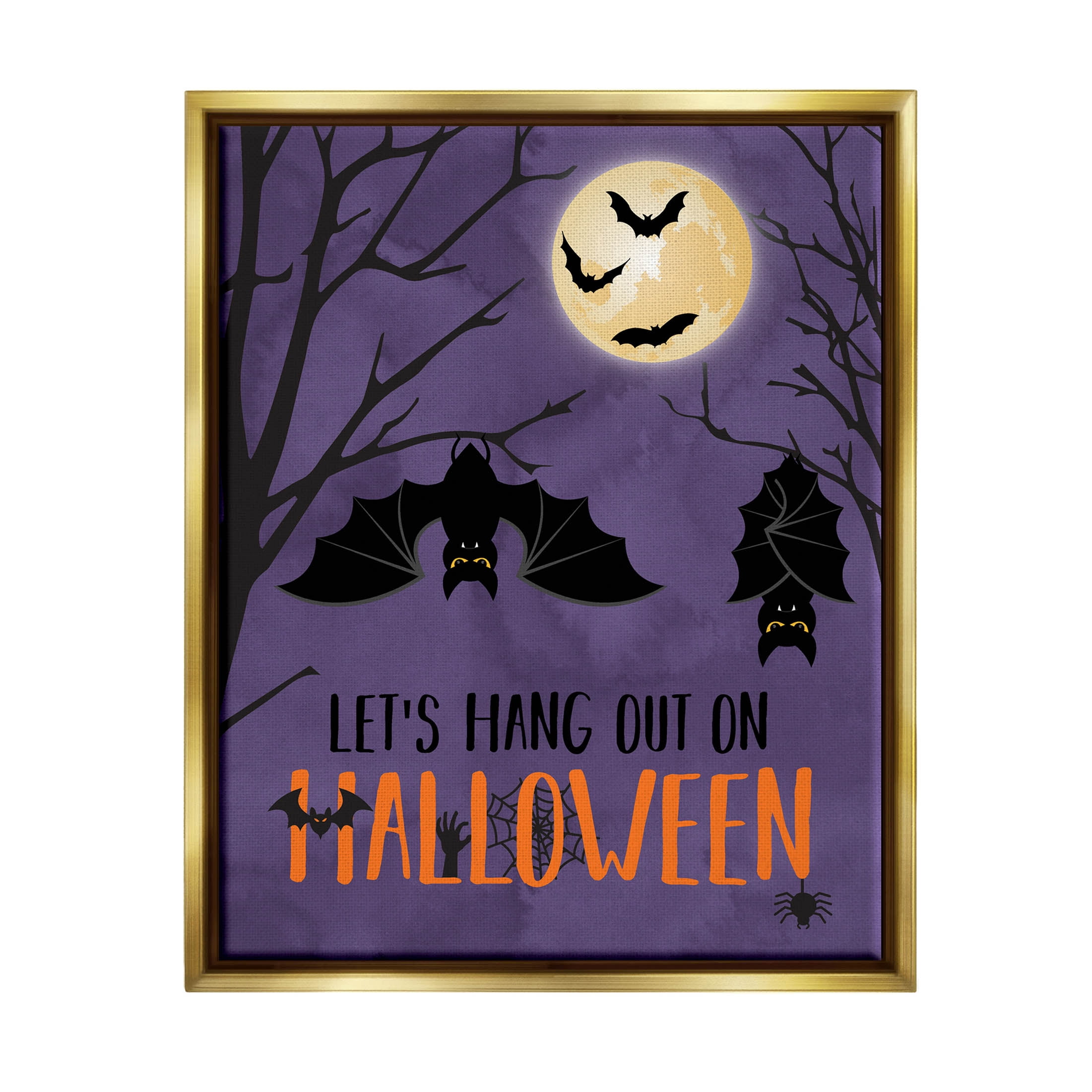Stupell Industries Let's Hang Halloween Bats Graphic Art Metallic Gold Floating Framed Canvas Print Wall Art, Design by Linda Birtel