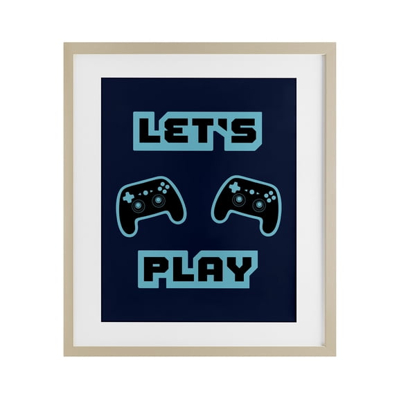 Let's Play Blue Retro Gamer Brown Framed Print Under Glass, 13 x 16, Made In USA