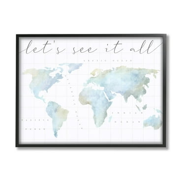 Stupell Industries Let's See It All World Map Typography Painting Black Framed Art Print Wall Art