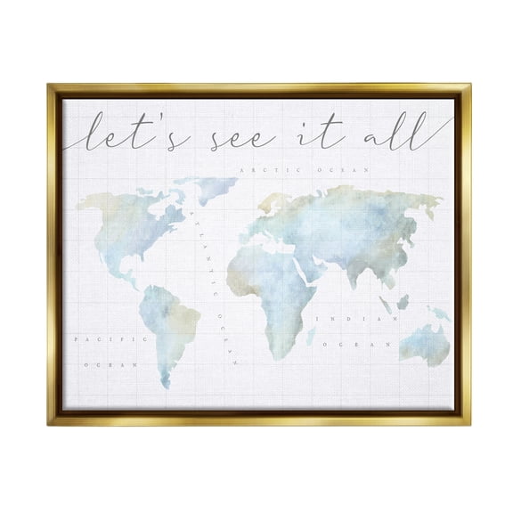 Stupell Industries Let's See It All World Map Typography Painting Gold Floater Framed Art Print Wall Art