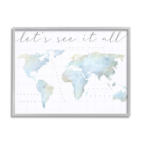 Stupell Industries Let's See It All World Map Typography Painting Gray Framed Art Print Wall Art