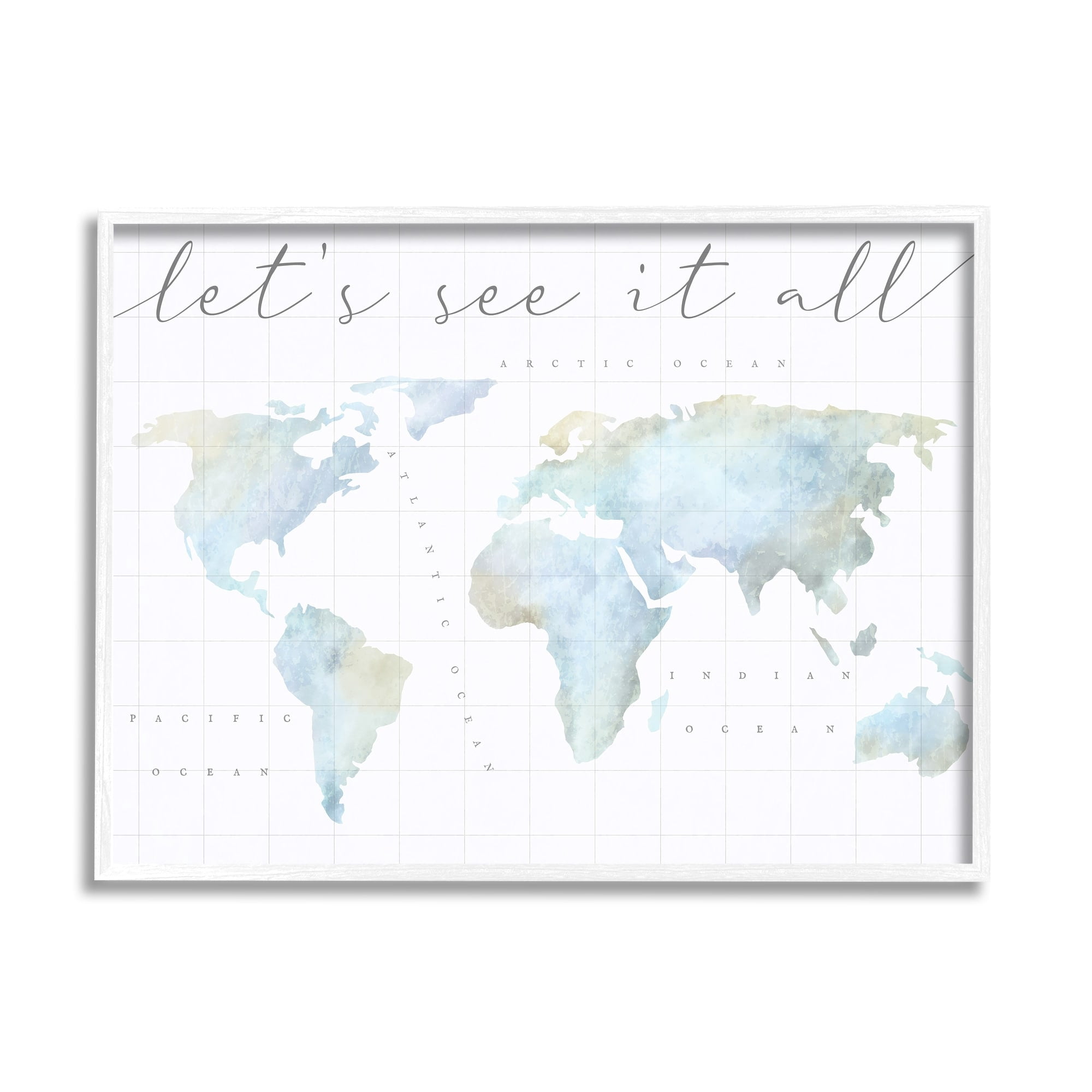 Stupell Industries Let's See It All World Map Typography Painting White Framed Art Print Wall Art
